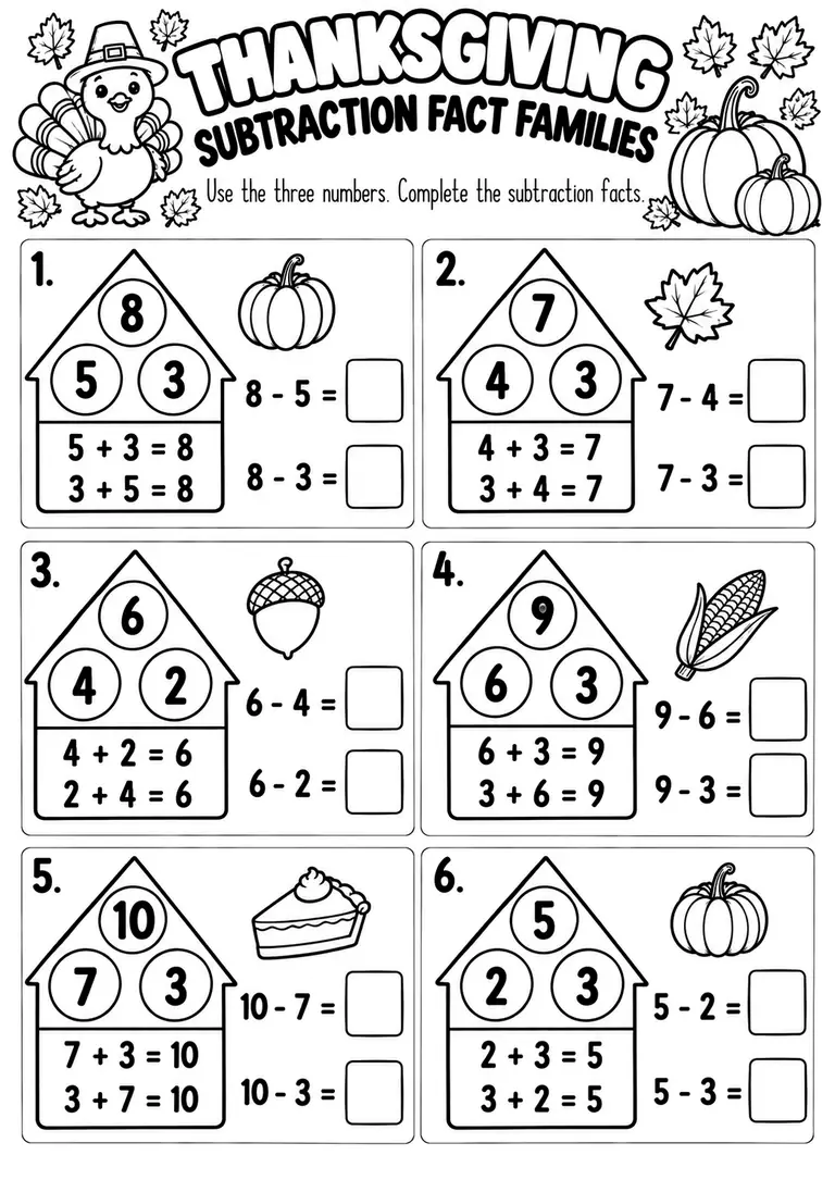 Thanksgiving Subtraction Fact Families for Kindergarten, 1st Grade