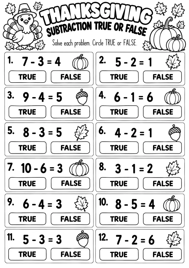 Thanksgiving Subtraction True or False for Kindergarten, 1st Grade