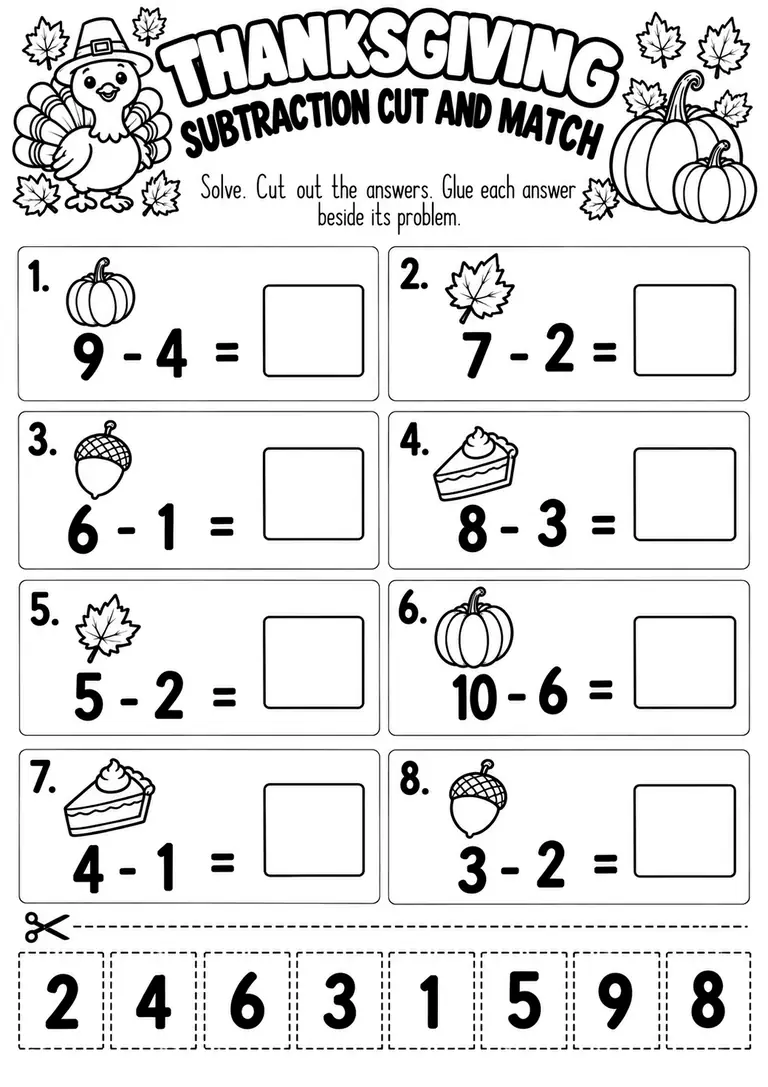 Thanksgiving Subtraction Cut and Match for Kindergarten, 1st Grade