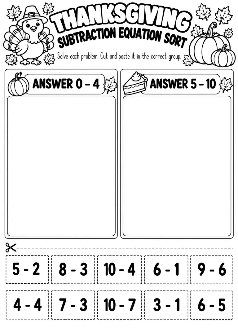 Thanksgiving Subtraction Equation Sort for Kindergarten, 1st Grade