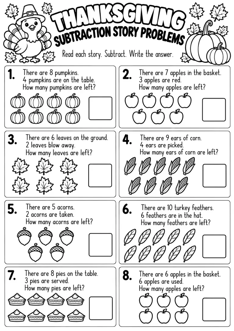 Thanksgiving Subtraction Story Problems for Kindergarten, 1st Grade