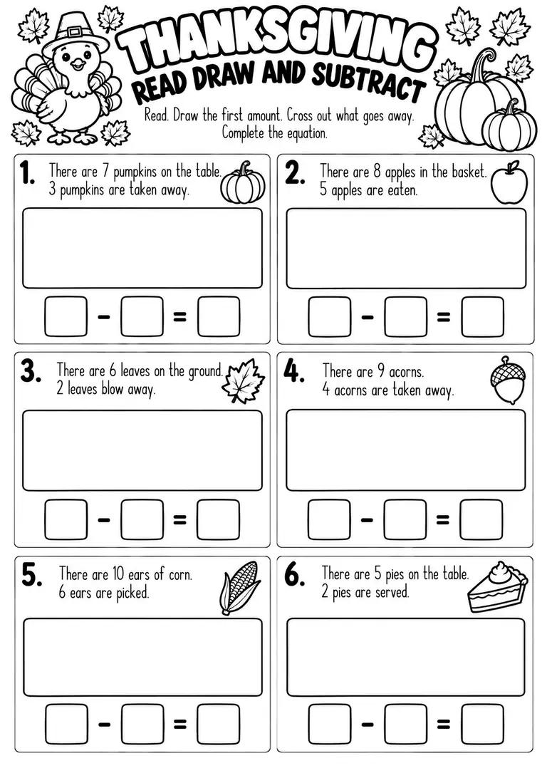 Thanksgiving Read Draw and Subtract for Kindergarten, 1st Grade