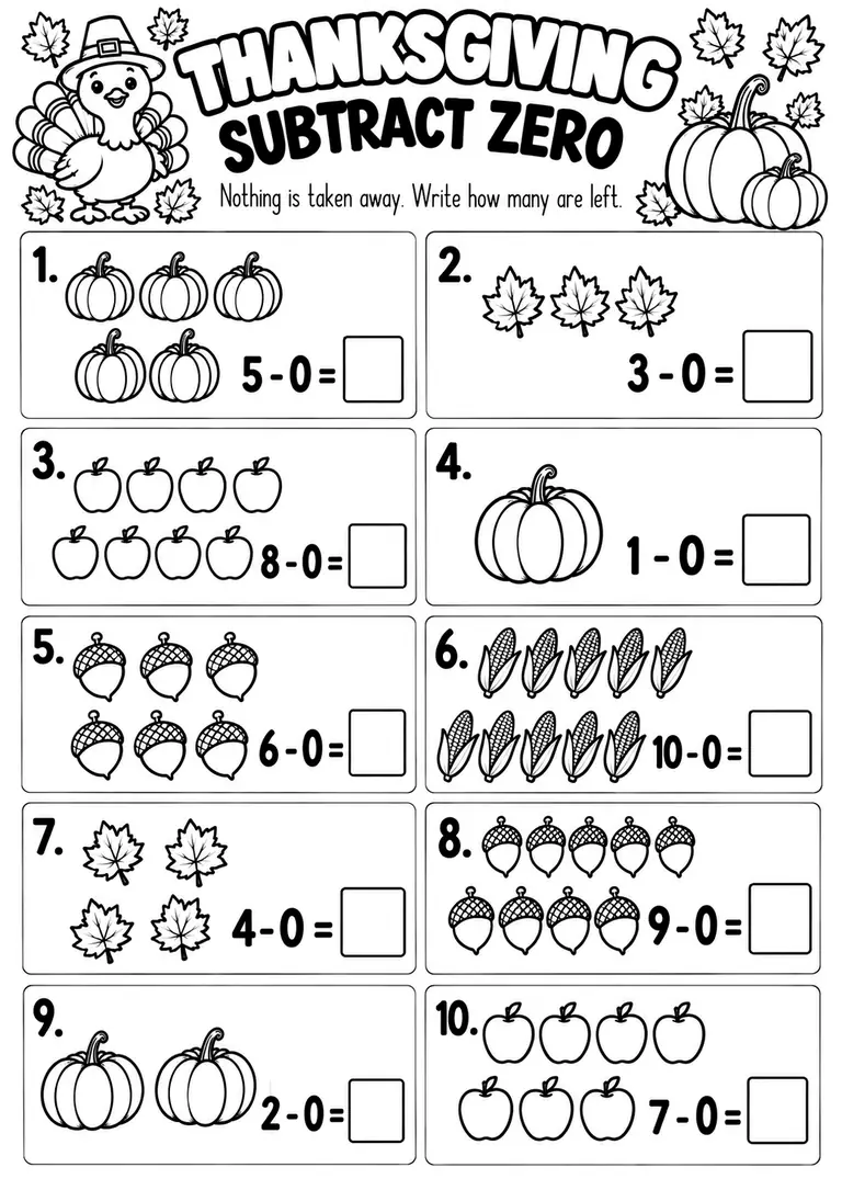 Thanksgiving Subtract Zero for Kindergarten, 1st Grade