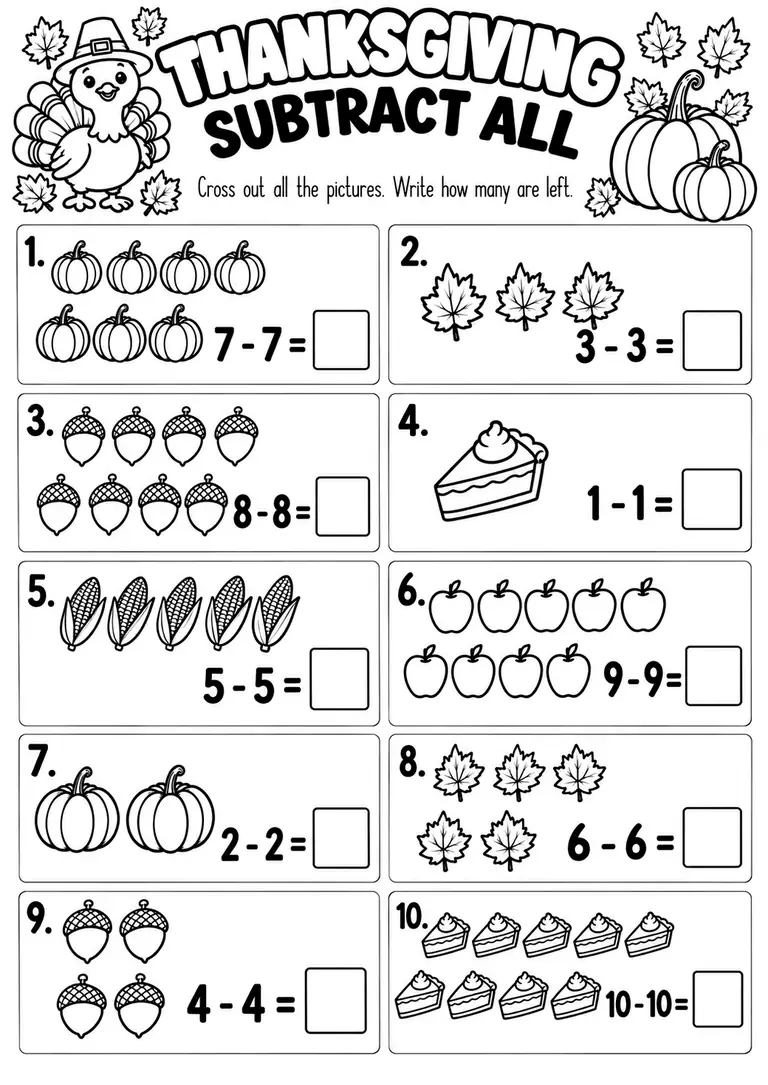 Thanksgiving Subtract All for Kindergarten, 1st Grade