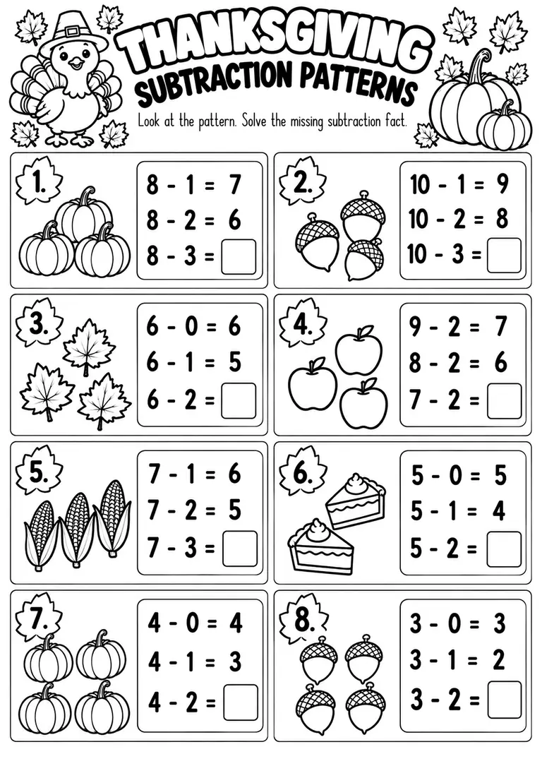 Thanksgiving Subtraction Patterns for Kindergarten, 1st Grade