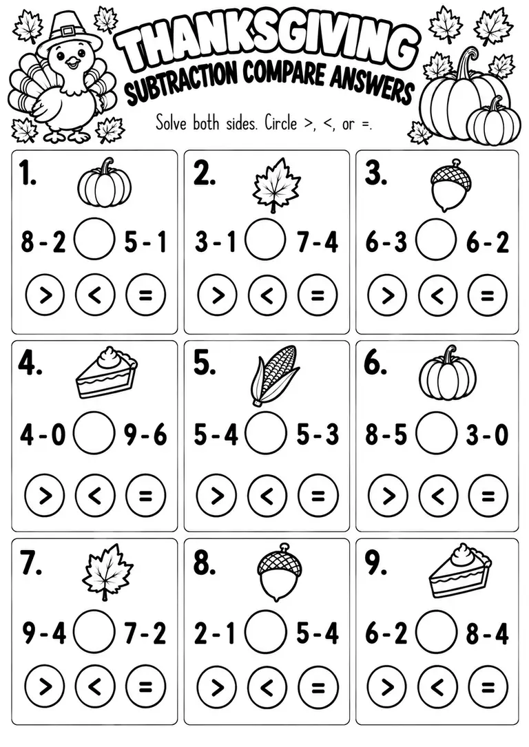 Thanksgiving Subtraction Compare Answers for Kindergarten, 1st Grade