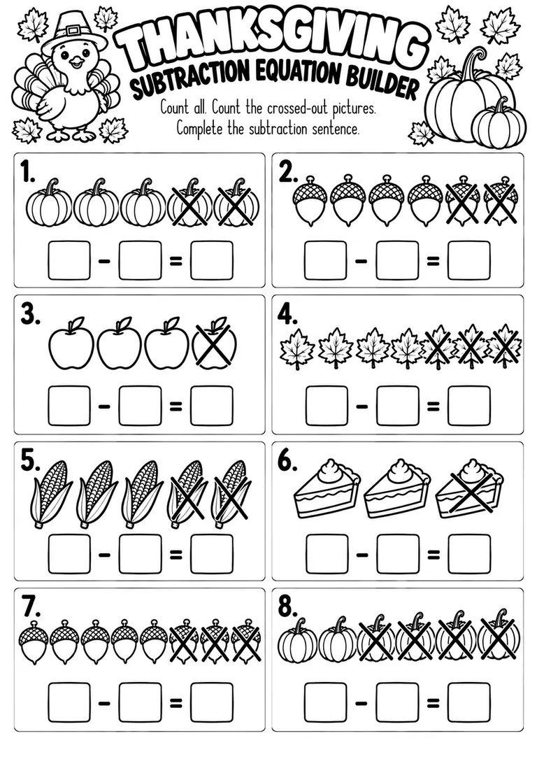 Thanksgiving Subtraction Equation Builder for Kindergarten, 1st Grade
