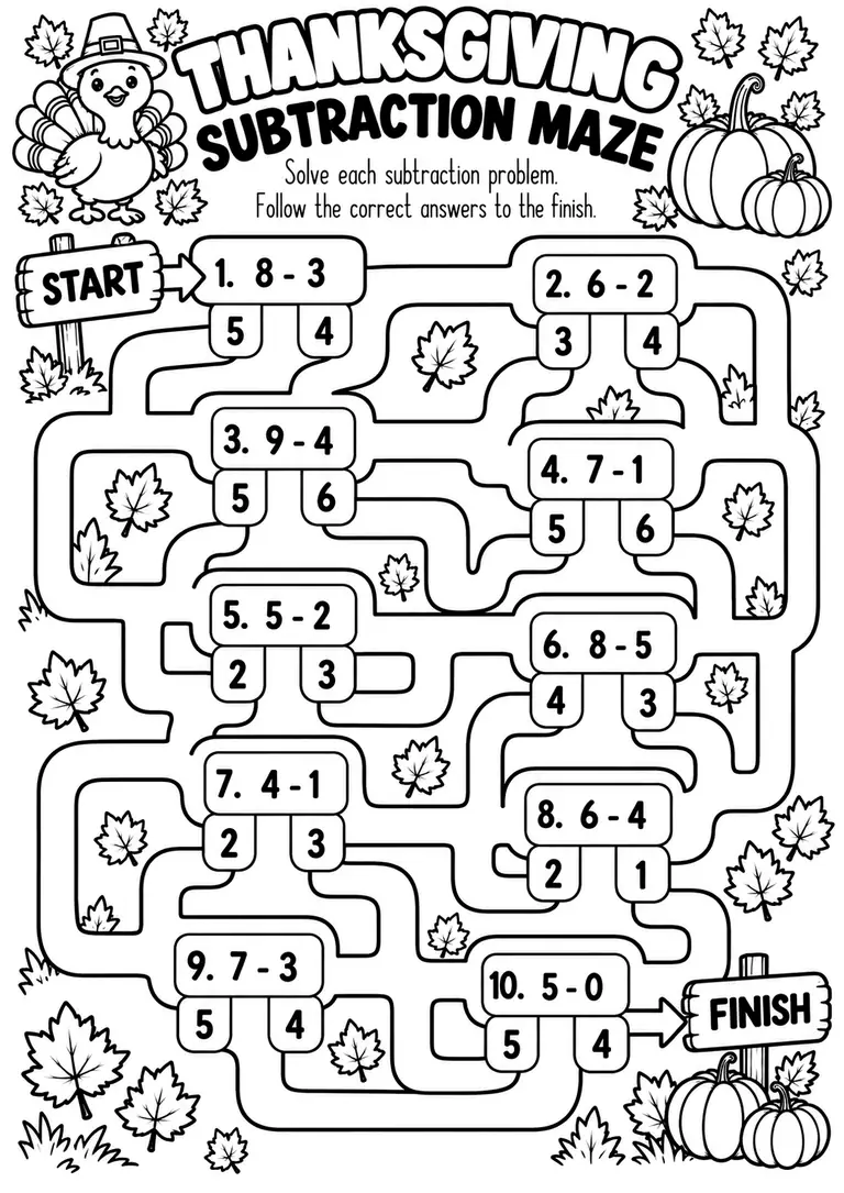 Thanksgiving Subtraction Maze for Kindergarten, 1st Grade