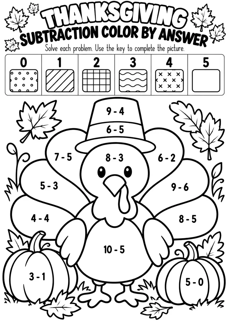 Thanksgiving Subtraction Color by Answer for Kindergarten, 1st Grade