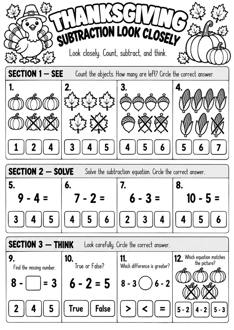Thanksgiving Subtraction Look Closely for Kindergarten, 1st Grade