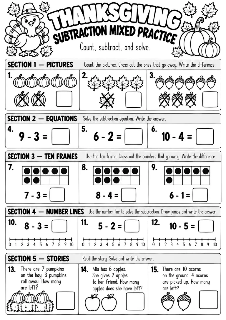 Thanksgiving Subtraction Mixed Practice for Kindergarten, 1st Grade