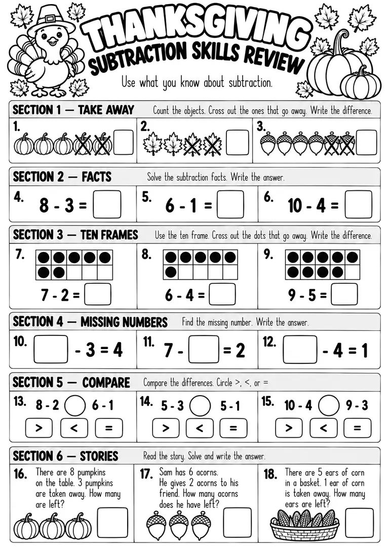 Thanksgiving Subtraction Skills Review for Kindergarten, 1st Grade