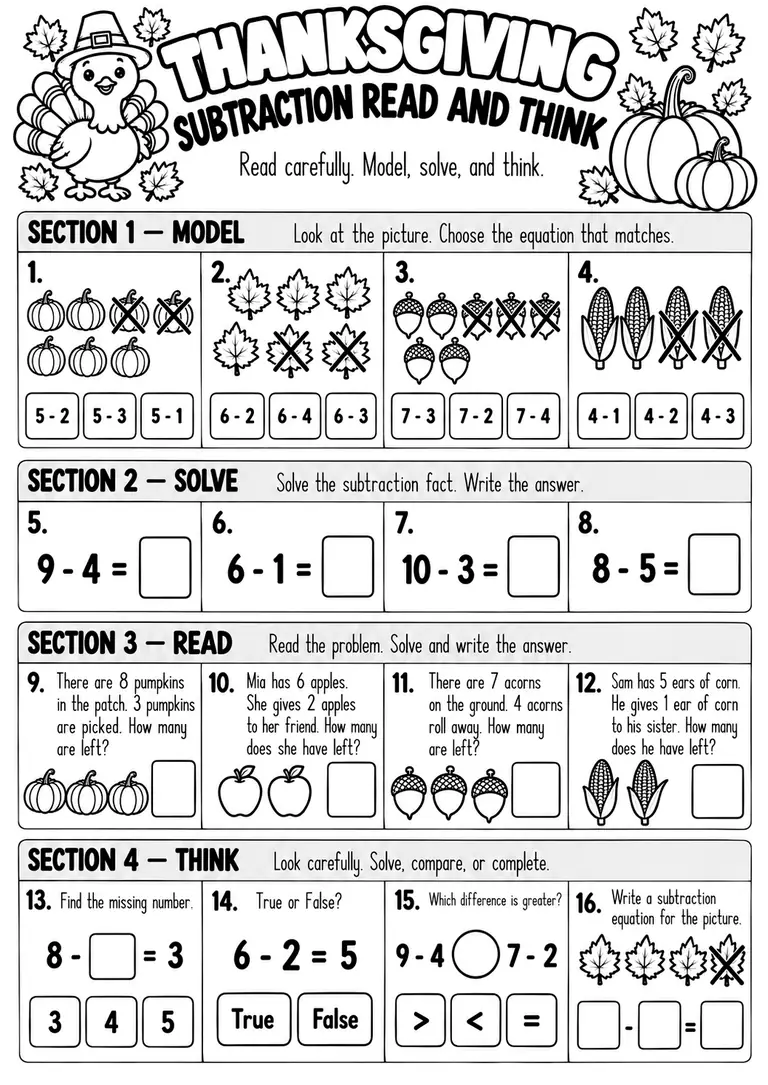 Thanksgiving Subtraction Read and Think for Kindergarten, 1st Grade