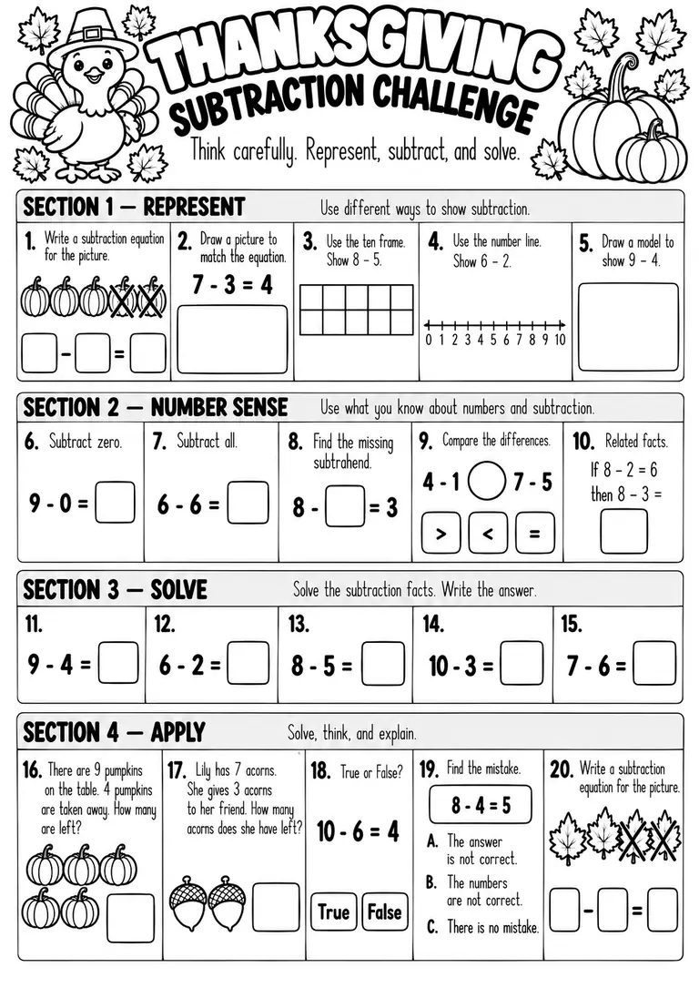 Thanksgiving Subtraction Challenge for Kindergarten, 1st Grade