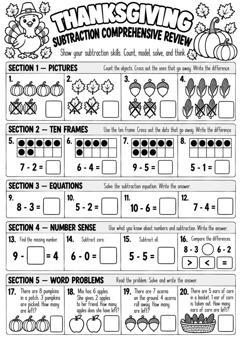 Thanksgiving Subtraction Comprehensive Review for Kindergarten, 1st Grade