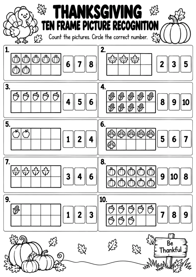 THANKSGIVING TEN FRAME PICTURE RECOGNITION for Pre-K, Kindergarten, 1st Grade