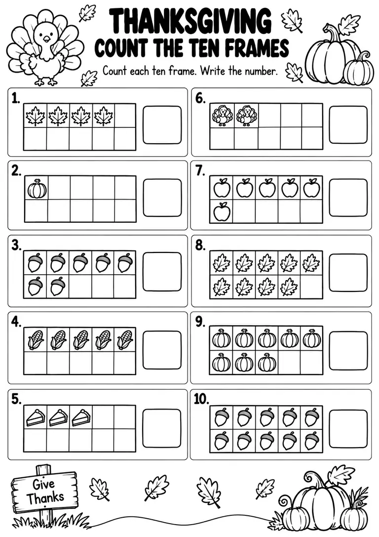 THANKSGIVING COUNT THE TEN FRAMES for Pre-K, Kindergarten, 1st Grade