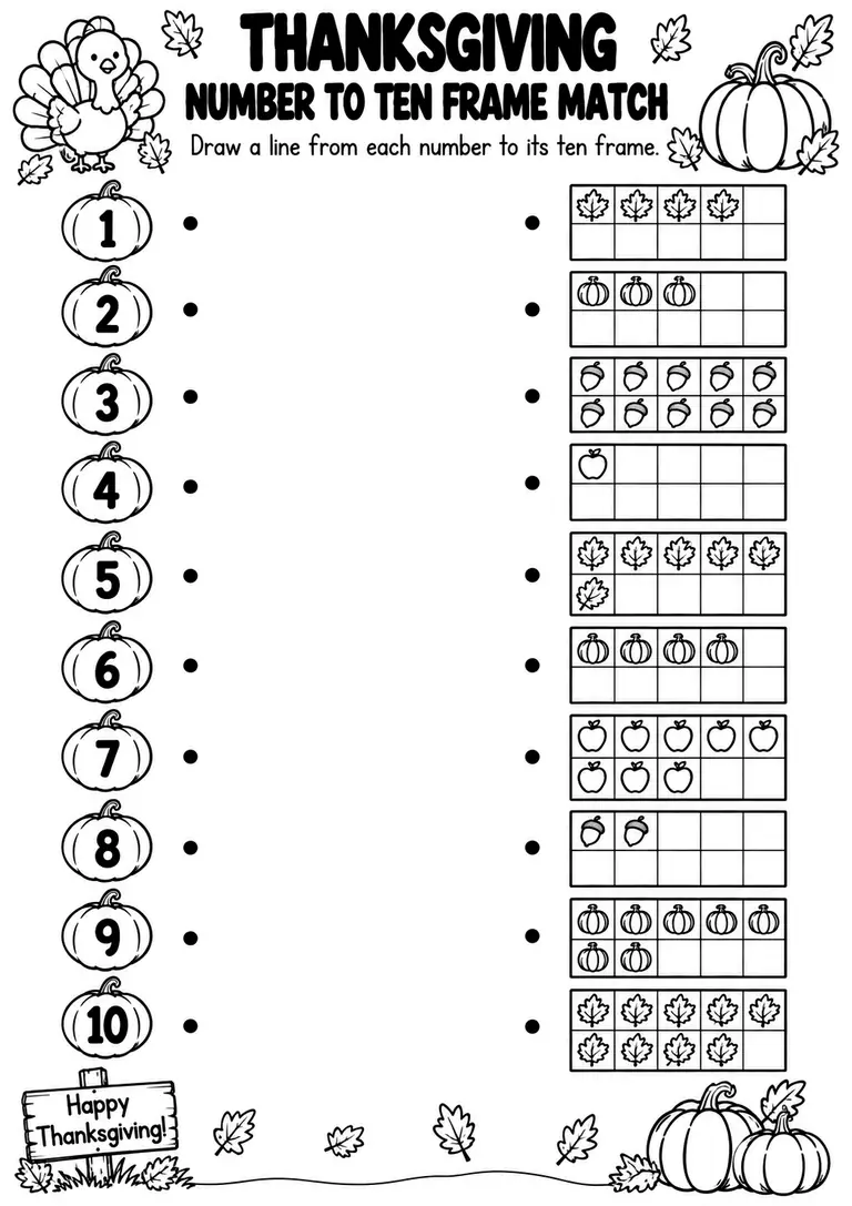 THANKSGIVING NUMBER TO TEN FRAME MATCH for Pre-K, Kindergarten, 1st Grade