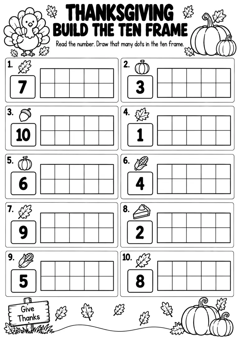 THANKSGIVING BUILD THE TEN FRAME for Pre-K, Kindergarten, 1st Grade