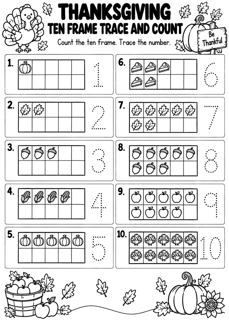 THANKSGIVING TEN FRAME TRACE AND COUNT for Pre-K, Kindergarten, 1st Grade