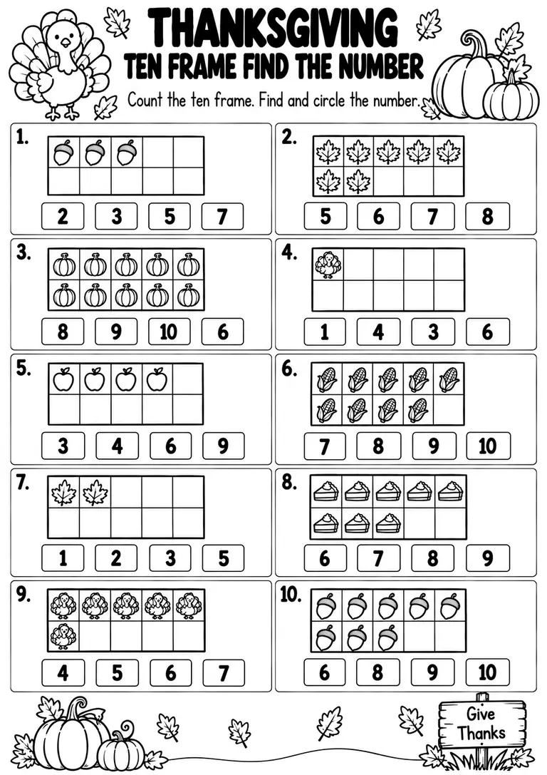 THANKSGIVING TEN FRAME FIND THE NUMBER for Pre-K, Kindergarten, 1st Grade