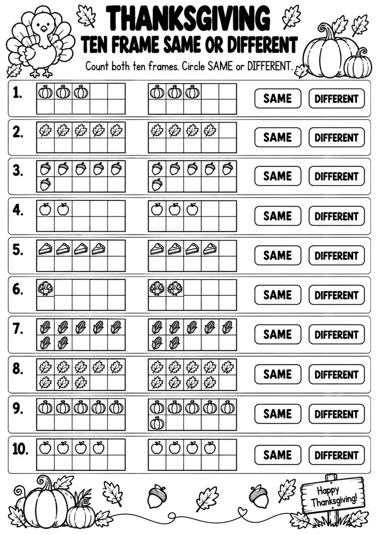 THANKSGIVING TEN FRAME SAME OR DIFFERENT for Pre-K, Kindergarten, 1st Grade