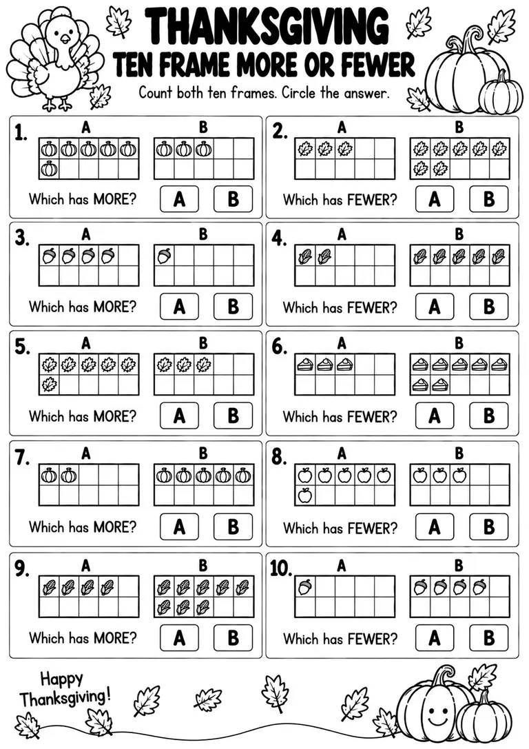 THANKSGIVING TEN FRAME MORE OR FEWER for Pre-K, Kindergarten, 1st Grade