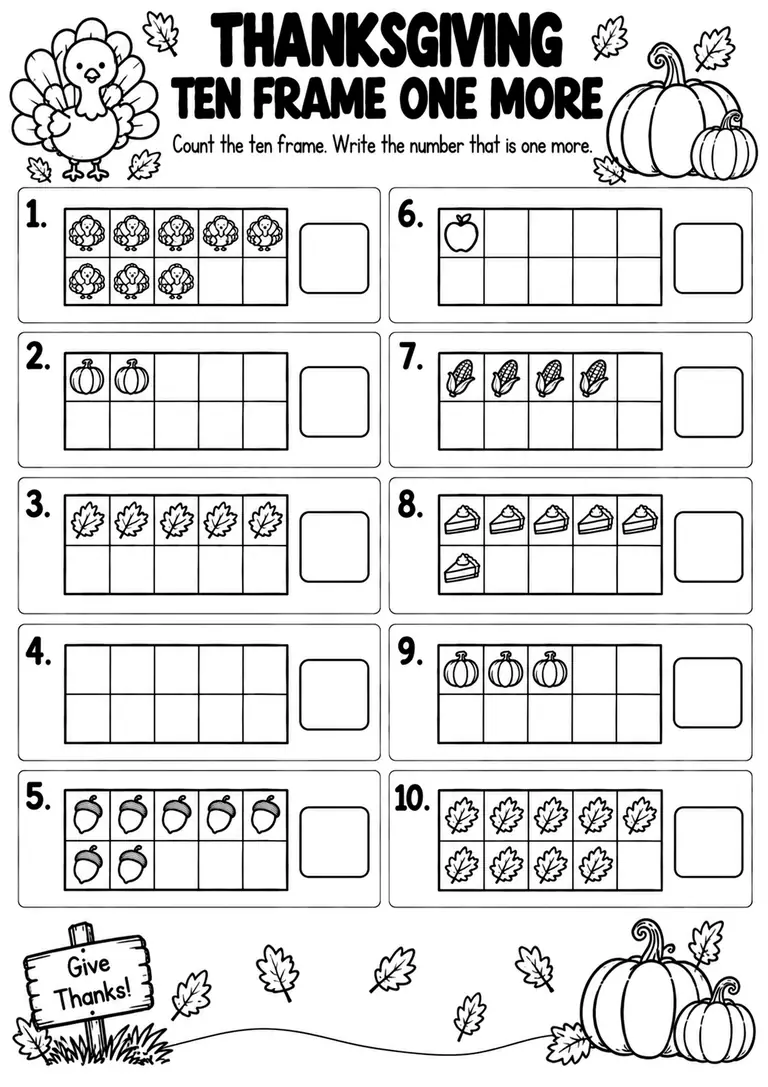THANKSGIVING TEN FRAME ONE MORE for Pre-K, Kindergarten, 1st Grade