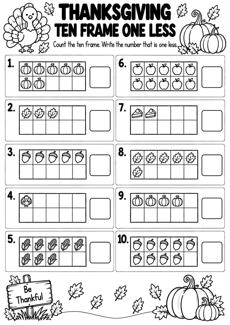 THANKSGIVING TEN FRAME ONE LESS for Pre-K, Kindergarten, 1st Grade