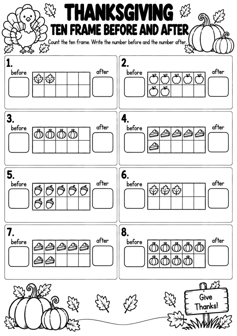 THANKSGIVING TEN FRAME BEFORE AND AFTER for Pre-K, Kindergarten, 1st Grade