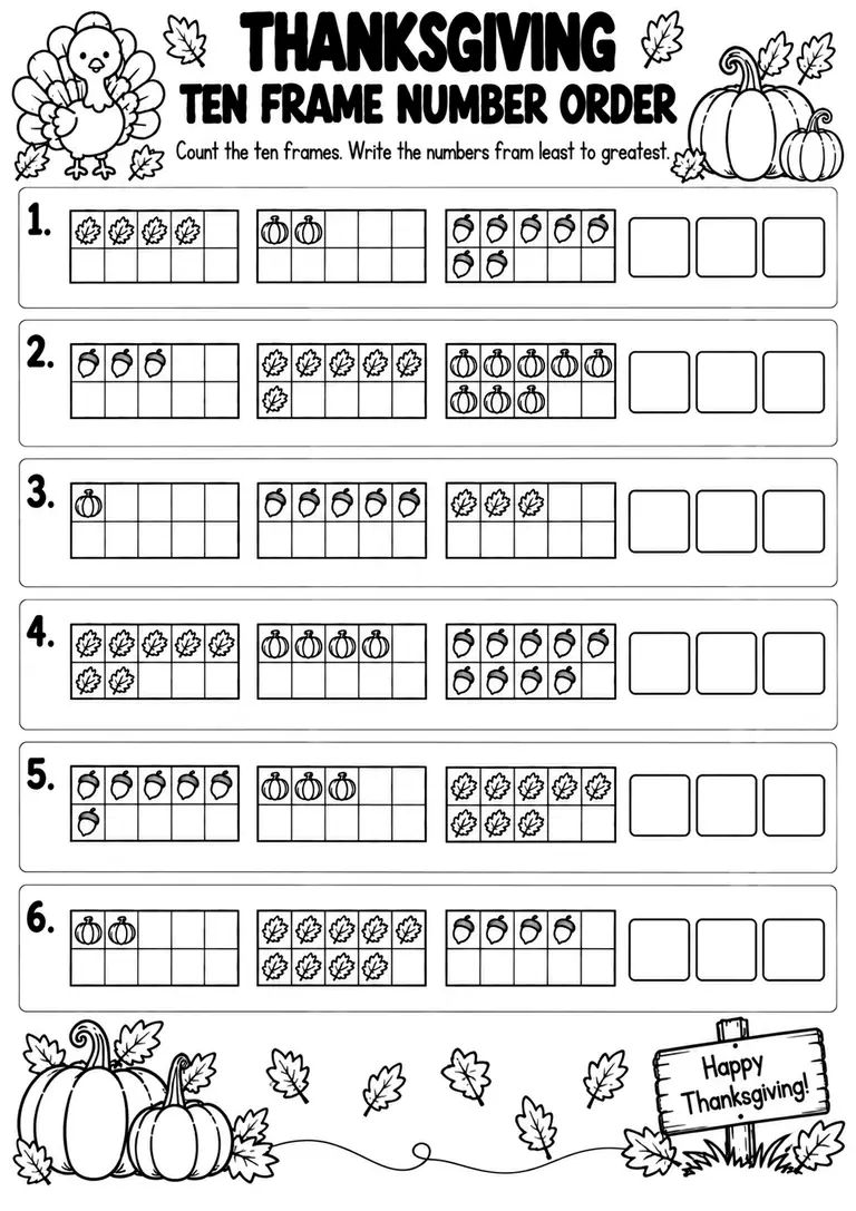 THANKSGIVING TEN FRAME NUMBER ORDER for Pre-K, Kindergarten, 1st Grade
