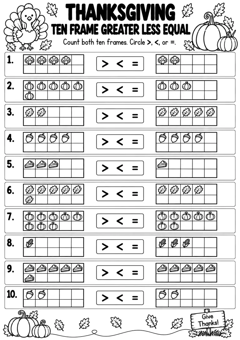 THANKSGIVING TEN FRAME GREATER LESS EQUAL for Pre-K, Kindergarten, 1st Grade