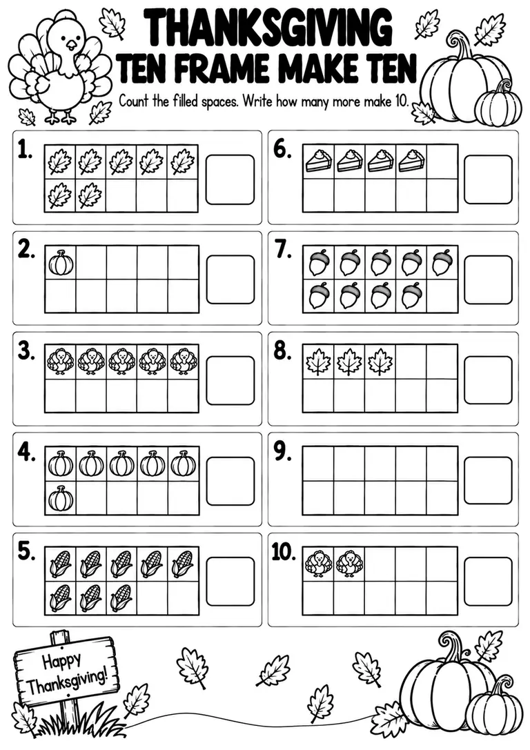 THANKSGIVING TEN FRAME MAKE TEN for Pre-K, Kindergarten, 1st Grade