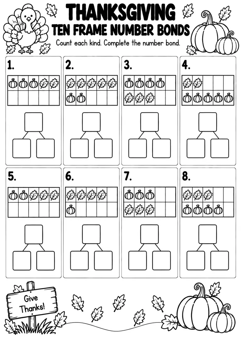 THANKSGIVING TEN FRAME NUMBER BONDS for Pre-K, Kindergarten, 1st Grade