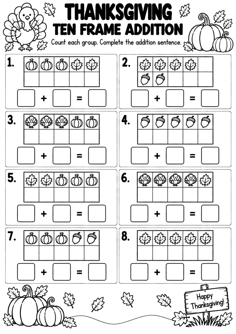 THANKSGIVING TEN FRAME ADDITION for Pre-K, Kindergarten, 1st Grade