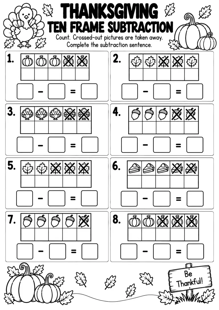 THANKSGIVING TEN FRAME SUBTRACTION for Pre-K, Kindergarten, 1st Grade