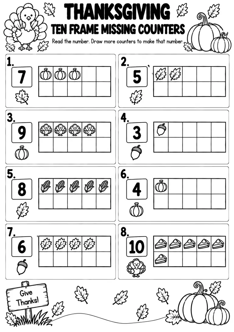 THANKSGIVING TEN FRAME MISSING COUNTERS for Pre-K, Kindergarten, 1st Grade