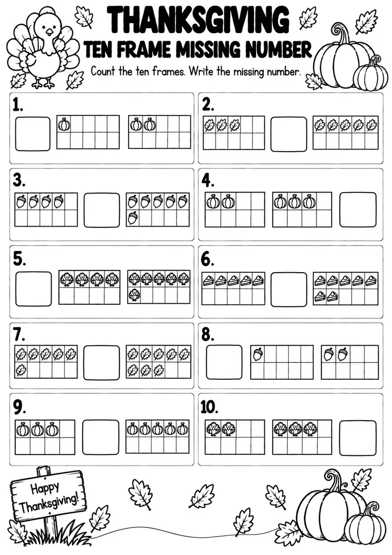 THANKSGIVING TEN FRAME MISSING NUMBER for Pre-K, Kindergarten, 1st Grade