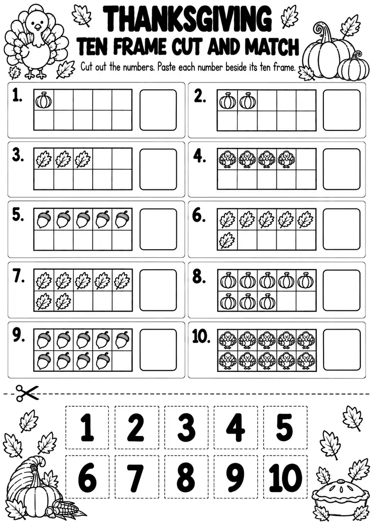 THANKSGIVING TEN FRAME CUT AND MATCH for Pre-K, Kindergarten, 1st Grade