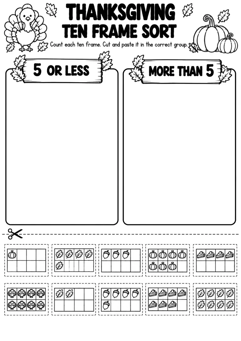 THANKSGIVING TEN FRAME SORT for Pre-K, Kindergarten, 1st Grade