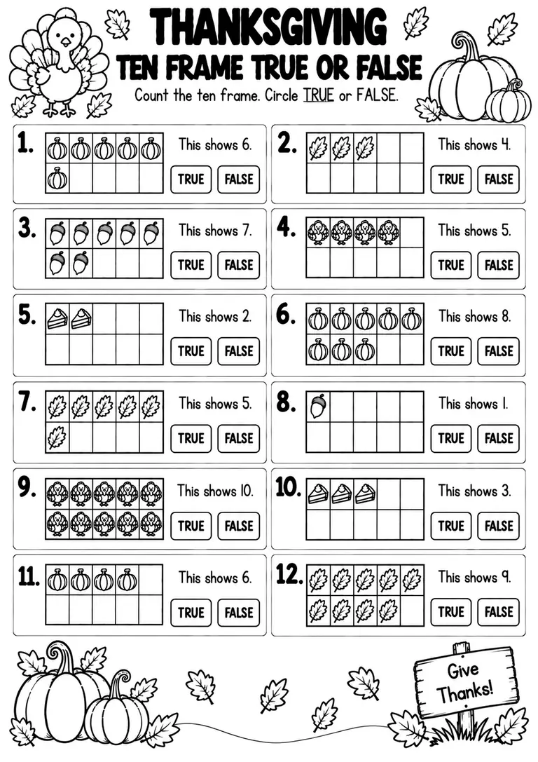 THANKSGIVING TEN FRAME TRUE OR FALSE for Pre-K, Kindergarten, 1st Grade