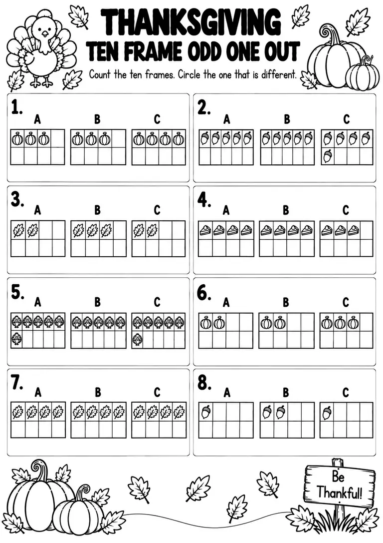 THANKSGIVING TEN FRAME ODD ONE OUT for Pre-K, Kindergarten, 1st Grade
