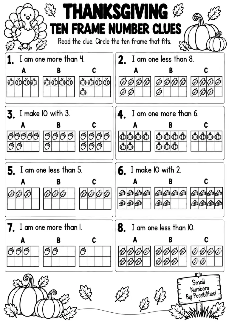THANKSGIVING TEN FRAME NUMBER CLUES for Pre-K, Kindergarten, 1st Grade