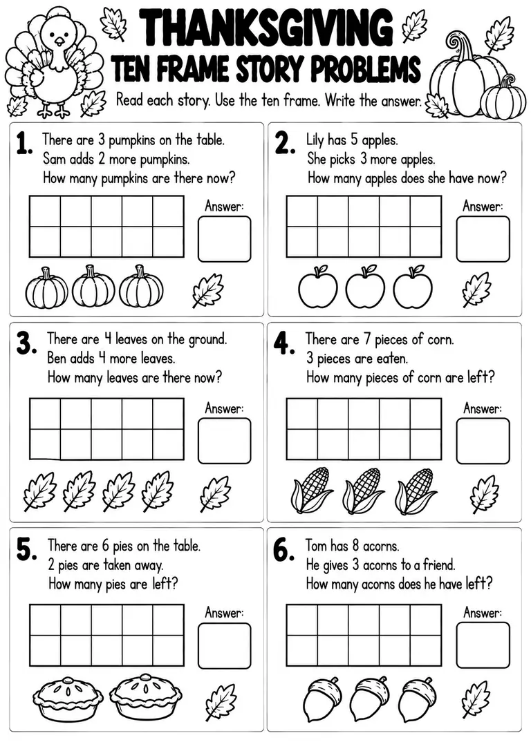 THANKSGIVING TEN FRAME STORY PROBLEMS for Pre-K, Kindergarten, 1st Grade