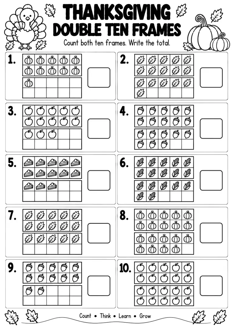 THANKSGIVING DOUBLE TEN FRAMES for Pre-K, Kindergarten, 1st Grade