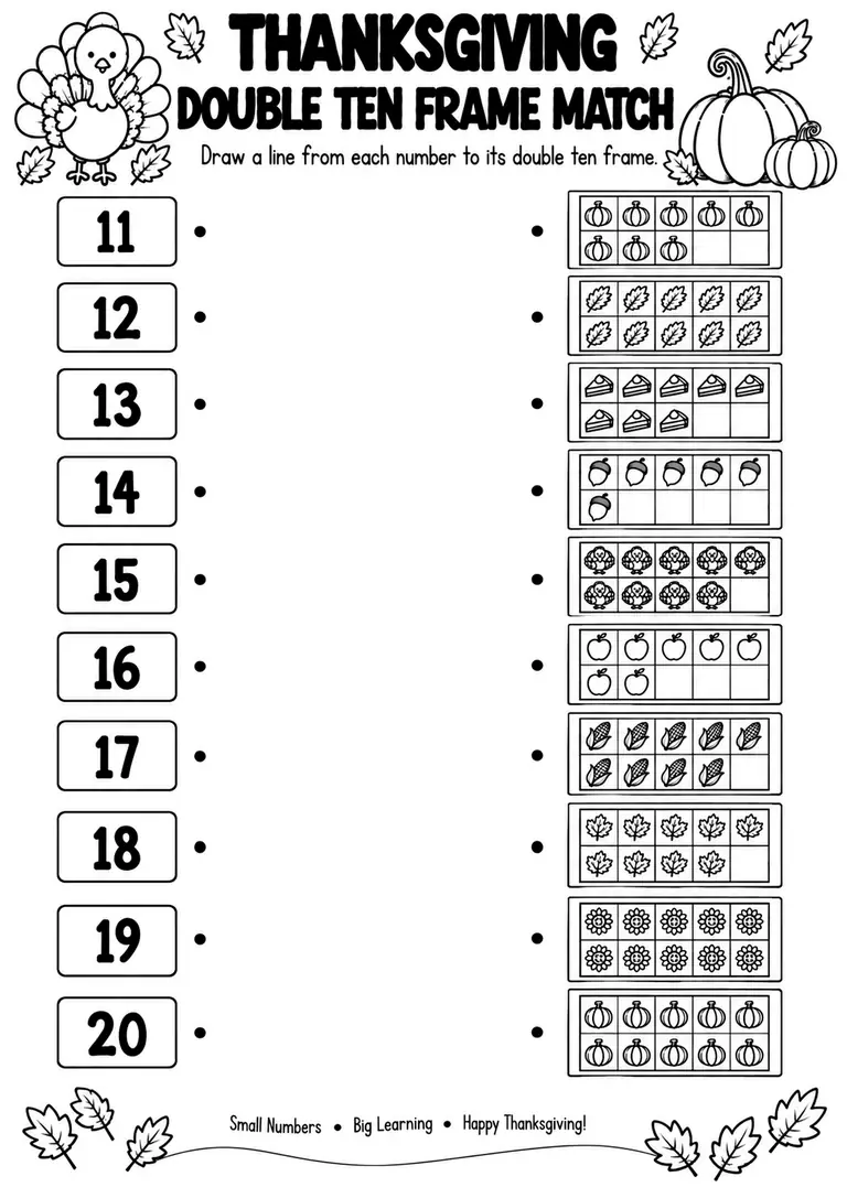 THANKSGIVING DOUBLE TEN FRAME MATCH for Pre-K, Kindergarten, 1st Grade