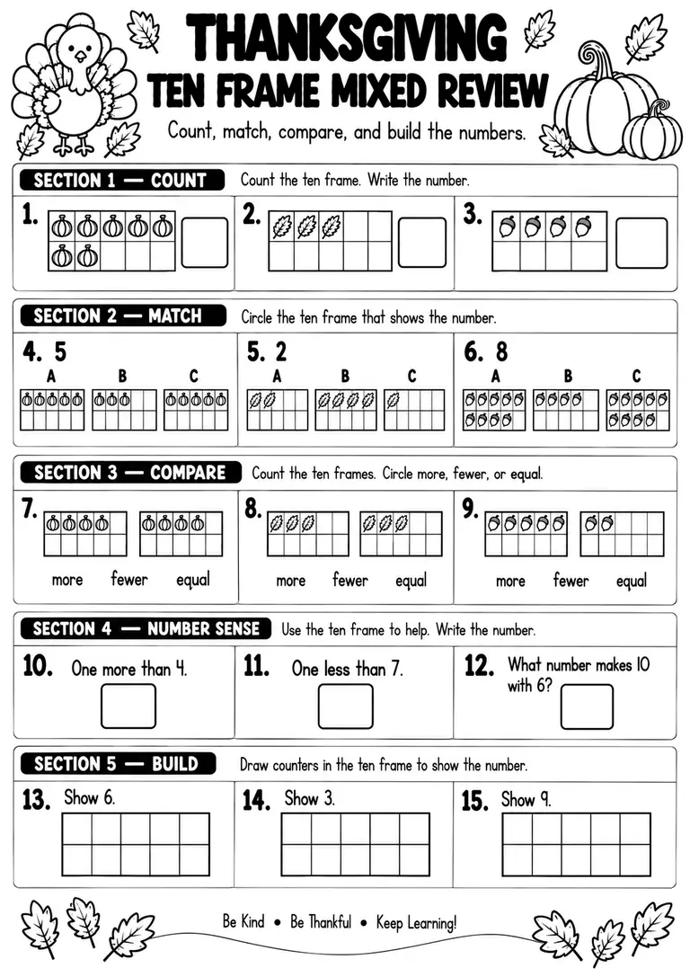 THANKSGIVING TEN FRAME MIXED REVIEW for Pre-K, Kindergarten, 1st Grade