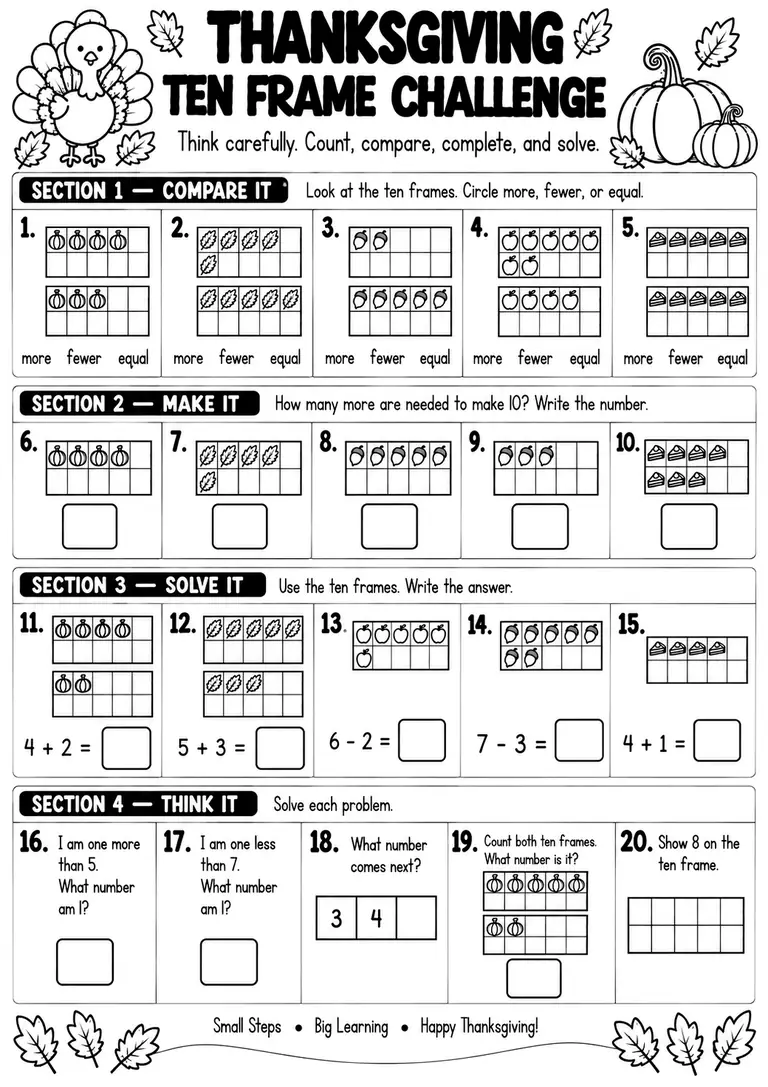 THANKSGIVING TEN FRAME CHALLENGE for Pre-K, Kindergarten, 1st Grade