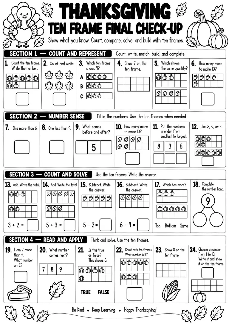 THANKSGIVING TEN FRAME FINAL CHECK-UP for Pre-K, Kindergarten, 1st Grade