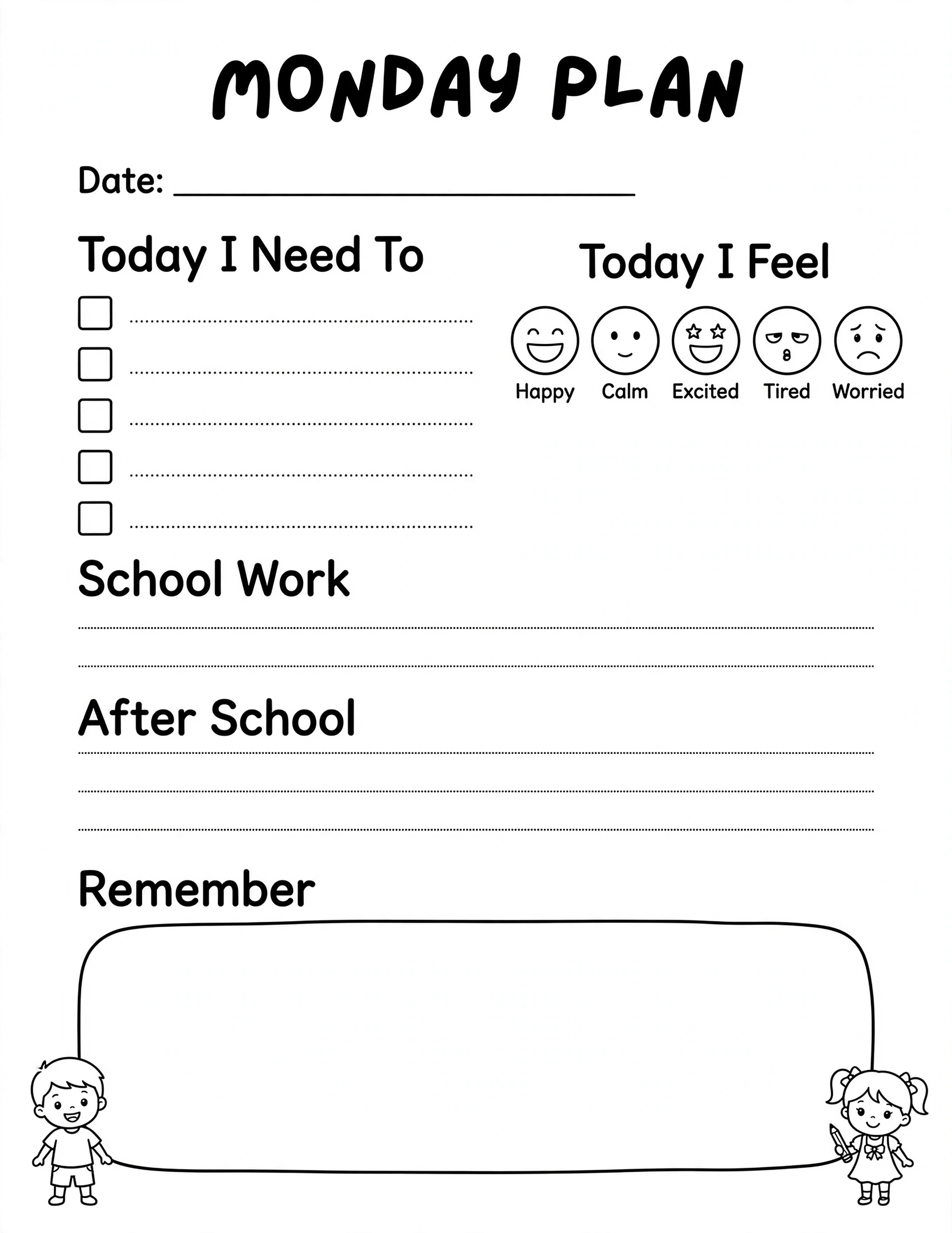 Weekly Planner For Kids - MONDAY PLAN